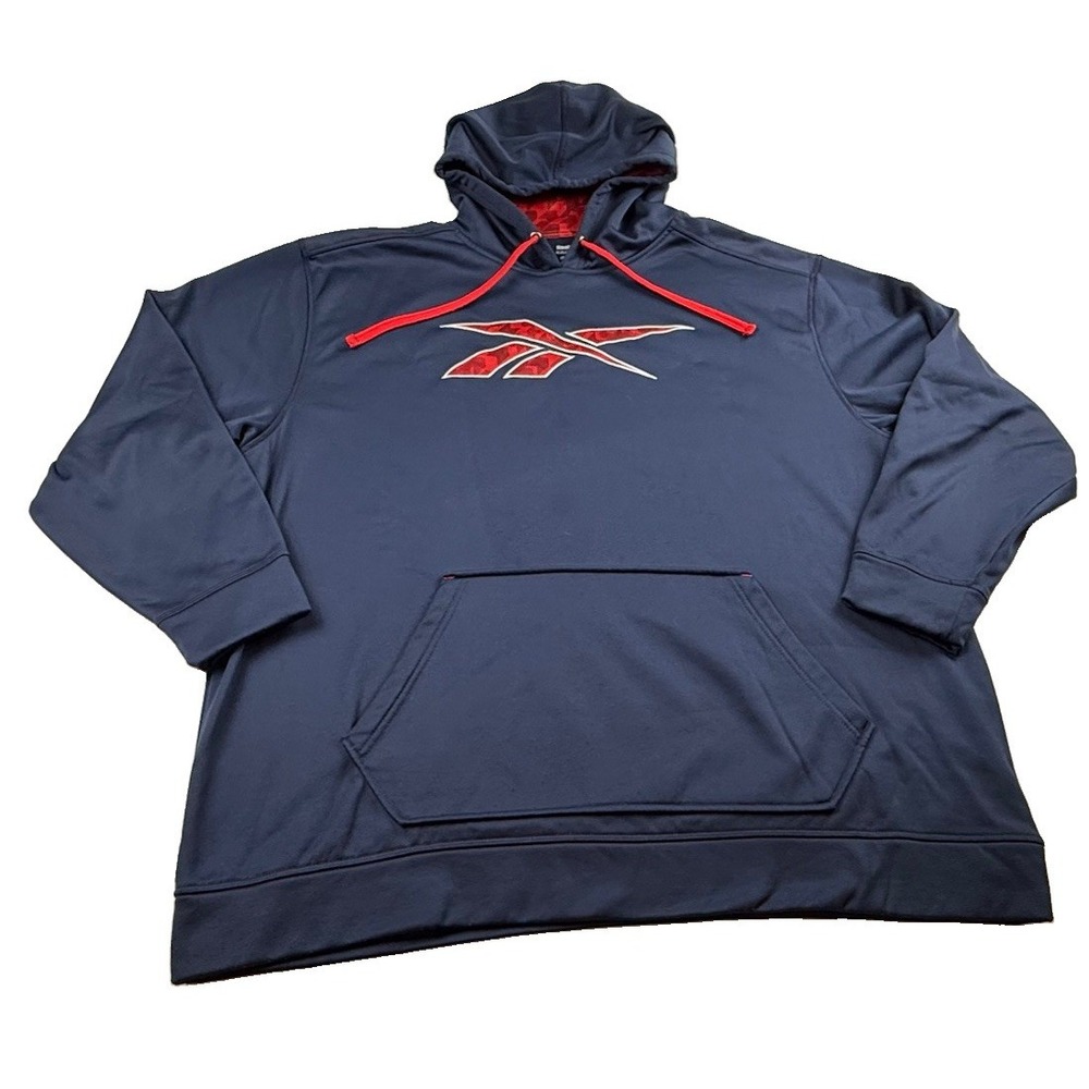 Reebok Hoodie Mens 2XL Blue PlayDry Logo Graphic Athletic Pullover Play Warm
